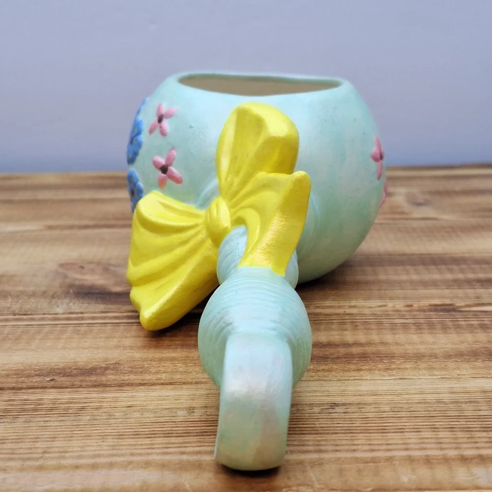 Vintage Baby Rattle Pottery Planter Signed Blue Yellow Pink CB‎